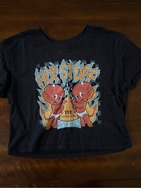 Hot Stuff Black Graphic Crop Top with Red Devil Cartoon